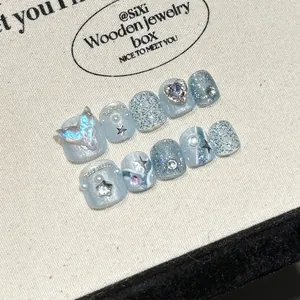 Unghie Finte Fatte a Mano per Bambini Cartone Animato Sirena Blu Glitter Tema Mare Coda di Pesce 3D Strass Set per Ragazze