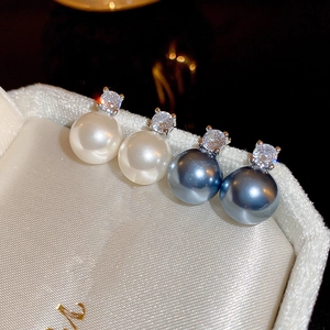 Elegant geometric pearl stud earrings with zircon inlay in white and dark blue gray colors