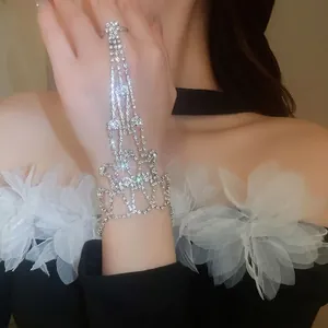 Shiny Rhinestone Hand Harness Ring Bracelet For Women Copper Silver Color Fashion Hollow Geometric Jewelry For Party