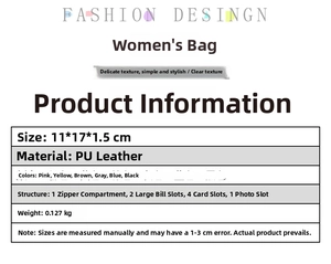 Detaillierte Größentabelle für Damen-Geldbörse aus PU-Leder mit Maßen 11x17x1,5 cm
