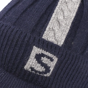 Winter knit beanie with G letter pattern and warm ribbed texture in navy blue and grey