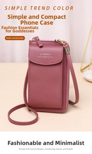 Close-up of pink PU leather phone bag featuring a front flap and gold hardware details