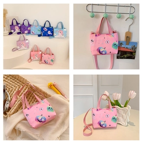 Detailed views of kids cute cartoon unicorn and pumpkin printed crossbody bags in four scenes