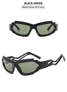 Detalle de montura negra mate con patilla calada y lentes G15 de gafas de sol Y2K