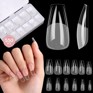 Soft Gel Coffin Nail Tips Transparent Semi Frosted Ultra Thin Full Cover Press On Nails For Manicure Extensions