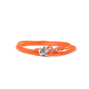 Orange braided rope bracelet featuring a silver dolphin charm on a clean white background