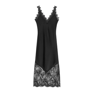 Elegant black satin slip dress with exquisite lace trim on V-neckline and hem