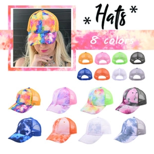Collage of tie-dye trucker hats in 8 colors with mesh back and model wearing the cap