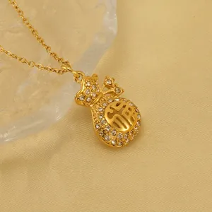 Collana Pendente Borsa Della Fortuna Acciaio Inossidabile Placcato Oro 18K Strass Carattere Fu Gioielli Per Le Donne