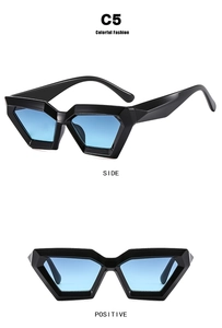 Side and front view of geometric triangle sunglasses with black frames and blue gradient lenses