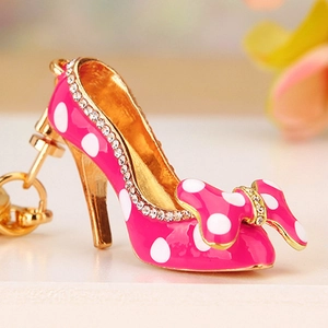 Polka dot high heel shoe keychain with pink rhinestones and gold plating for women's bags