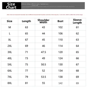 Tableau des tailles détaillé pour veste anti-UV avec mesures allant du M au 8XL