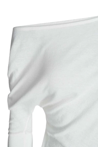 Close-up of white off-shoulder knit sweater showing delicate texture and craftsmanship