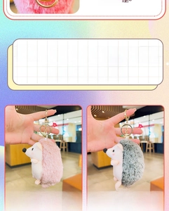 Plush hedgehog keychain set in pink and grey faux fur with gold metallic lobster clasps