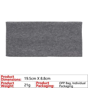 Detailed grey knitted headband specifications with 19.5x8.8cm dimensions and weight info