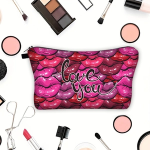 Lipstick kiss print cosmetic bag with Love You text and makeup accessories on white background