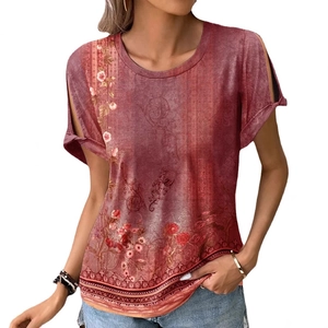 Short sleeve bohemian floral print t-shirt in red with hollow-out shoulder design