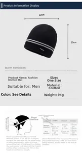 Sizing chart and specifications for winter thermal knit beanie with head circumference guide