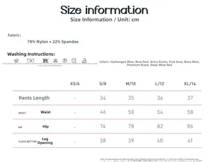 Size guide for high-waisted yoga pants showing measurements and fabric composition
