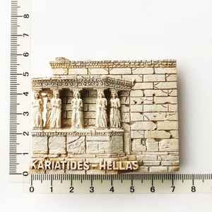 Detailed resin relief of Greek Caryatides fridge magnet with dimensions 6.5cm x 4.5cm
