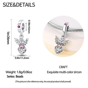 Detail showing S925 sterling silver angel wing bead with pink and purple cubic zirconia
