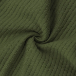 Macro shot of army green ribbed knit fabric texture showing elasticity and draping details