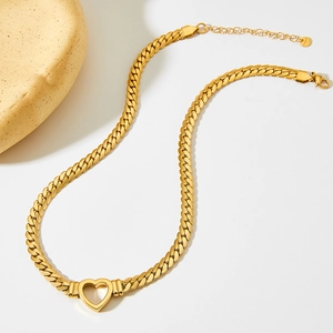 Golden Cuban chain necklace with hollow heart pendant and flat snake link design