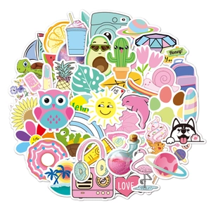 Close-up of waterproof vinyl stickers featuring cute colorful cartoon animals and food