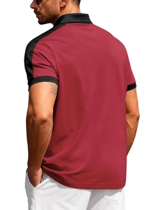Men's two-tone polo shirt featuring red fabric with black collar and shoulder stitching