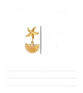 Detailed view of 18K gold plated stainless steel starfish and fan drop earrings with measurements