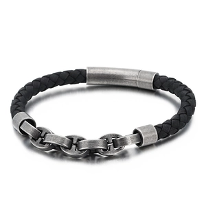Braided black leather bracelet for men with vintage silver titanium steel buckle clasp