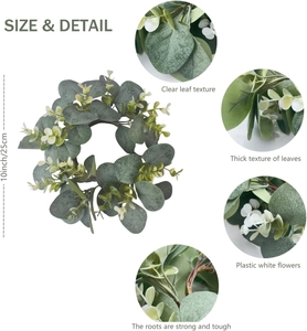 Detail view of 10 inch eucalyptus wreath showing leaf texture and white flower accents