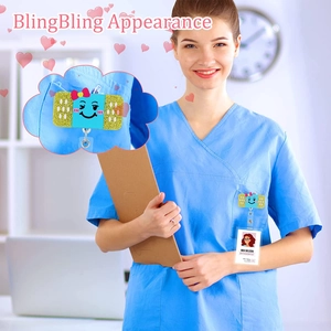 Glittery band-aid retractable badge holder with smiling face on medical uniform