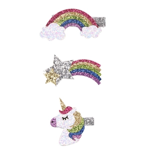 Set di 3 fermagli per capelli glitterati per bambine con unicorno arcobaleno e stella
