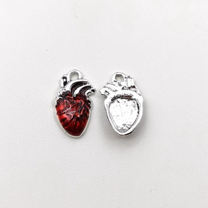 Gothic anatomical heart charms in silver and red enamel for DIY necklaces and earrings