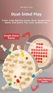 Double-sided wooden memory chess and solitaire game board with colorful pegs for kids