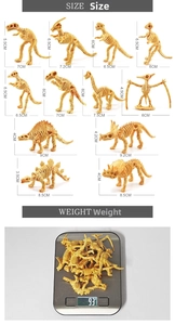 Size chart showing dimensions for 12 types of realistic solid dinosaur skeleton toy models