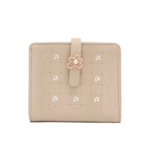 Detail of khaki PU leather wallet with floral print and pearl flower decorative buckle