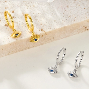 Chic 925 silver Evil Eye hoop earrings in gold and silver finish with blue zircon stones