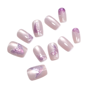 Pink cat eye press-on nails with mermaid tail butterfly wings and purple gradients