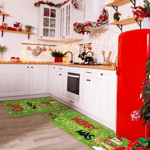 Christmas kitchen rug set featuring Santa and Reindeer design on festive green base