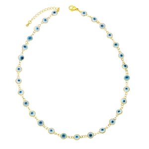 Fashionable golden Evil Eye necklace with blue and white resin eye charms on white background