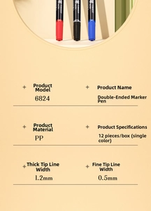 Detail showing dual-tip marker specs with 0.5mm fine and 1.2mm broad nib details