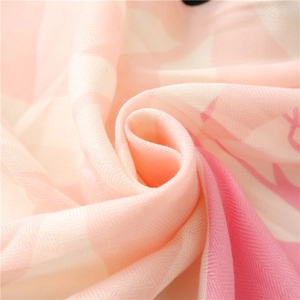 Tropical floral print cotton linen scarf with soft pink and beige herringbone patterns