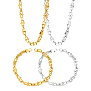 Modern stainless steel bow and figure-8 link necklace and bracelet set in gold and silver