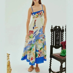 Graffiti Print Spaghetti Strap Maxi Dress For Women V Neck High Waist Smocked Backless Sexy Bohemian Summer Long Sun Dress