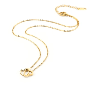 Elegant gold double heart interlocking necklace with adjustable chain on white background