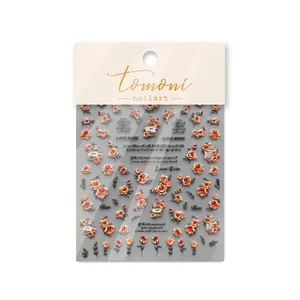 Adesivi per unghie 3D a rilievo con rose vintage arancio-rosa e lettere inglesi