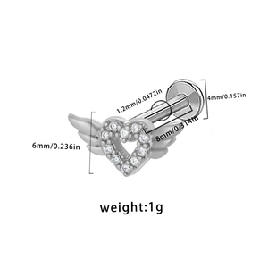 Detail showing dimensions of heart wing stud earring with 1.2mm bar and 8mm length