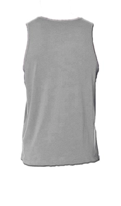 Detailed back view of a grey men's fitness tank top with a racerback design and solid color